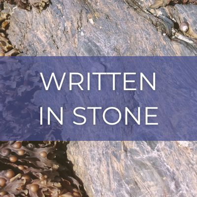 Purple hued rockbed with text 'Written in Stone'