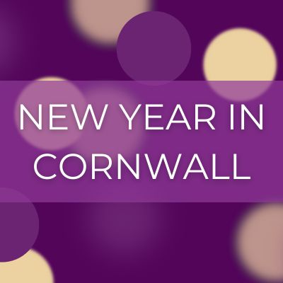 Purple bokeh effect with text 'New Year in Cornwall'